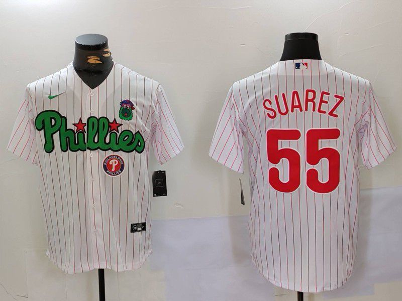 Men Philadelphia Phillies #55 Suarez White stripe Second generation Joint Name 2024 Nike MLB Jersey style 3